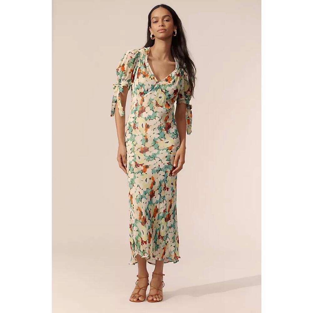 Anthropologie Green Watercolor Multi Floral Midi Slip Dress Small NEW